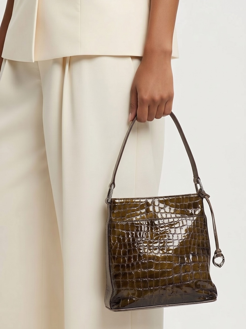 Brighton olive green croc embossed shoulder bag card pocket‎ zipped section.